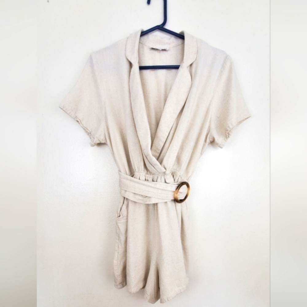 Louna Beige Linen Blend Belted Romper V-Neck Notched Lapels Size XL